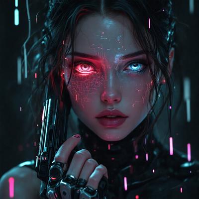 The primary subject of the image is a woman with glowing red eyes, holding a gun. She is wearing a black outfit and has a futuristic appearance. The setting is a dark room with a blue background, which adds to the overall mood of the image. The visual style is a combination of digital art and illustration, creating a striking and unique image.